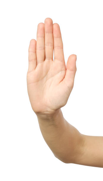 istock Woman's hand with stop gesture isolated on white background 846929078