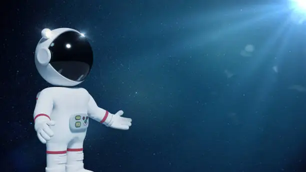 Photo of 3d cartoon astronaut character presenting an empty space lit by the Sun and the stars