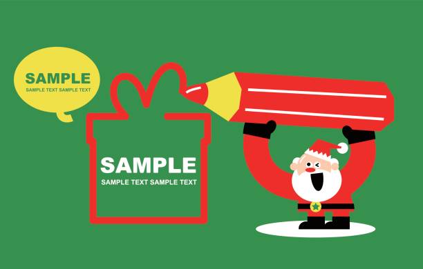 ilustrações de stock, clip art, desenhos animados e ícones de merry christmas and new year greeting card, cute santa claus holding a huge red pencil (crayon) and drawing a christmas present - christmas present senior men surprise gift box