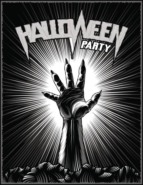 Zombie Hand Halloween Party Horror Print Poster Vintage Beam Background Zombie hand stick out from the grave on the background of beams for evil spirits holiday Halloween; Vector black illustration in ink hand drawing vintage retro style for print, stamp or poster design protruding stock illustrations