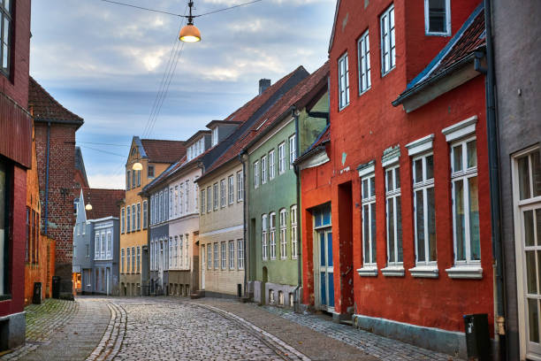 View through Overstraede alley in the historic old town of Odense