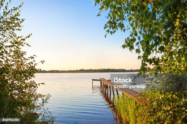 Rural Summer Landscape With River Bridge Stock Photo - Download Image Now - Beauty, Beauty In Nature, Blue