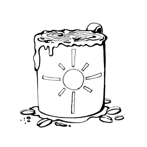milk A over flowing latte in a sun mug surrounded by espresso beans drawn in black ink. luxury coffee machine stock illustrations