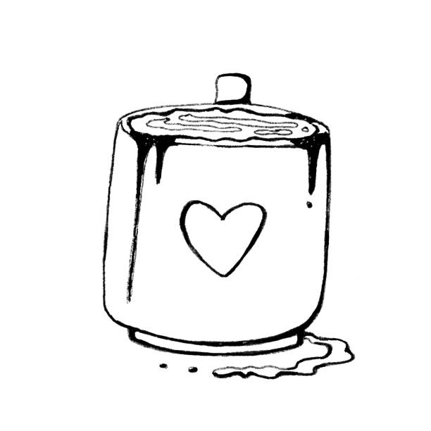 Heart Latte A latte in a heart mug, slightly overflowing, drawn in black ink. luxury coffee machine stock illustrations