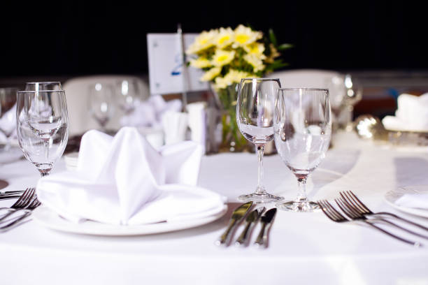 Table set for an event party or wedding Table set for an event party or wedding reception formal dinning stock pictures, royalty-free photos & images