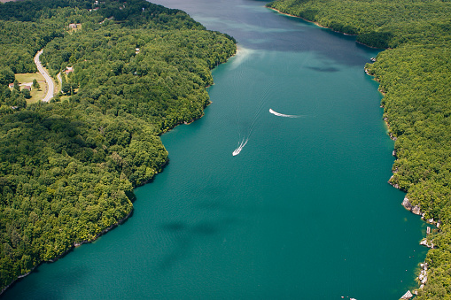 Aerial shot of Summersville Lake in West Virginia. Boating and recreation.