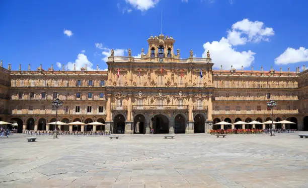 Historic Plaza Mayor in Salamanca on a sunny day, Castilla y Leon, Spain