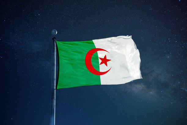 istock Algerian flag on the mast over milky way 846987624
