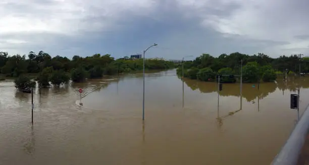 A severely flooded underpass in Houston Texas during Hurricane Harvey