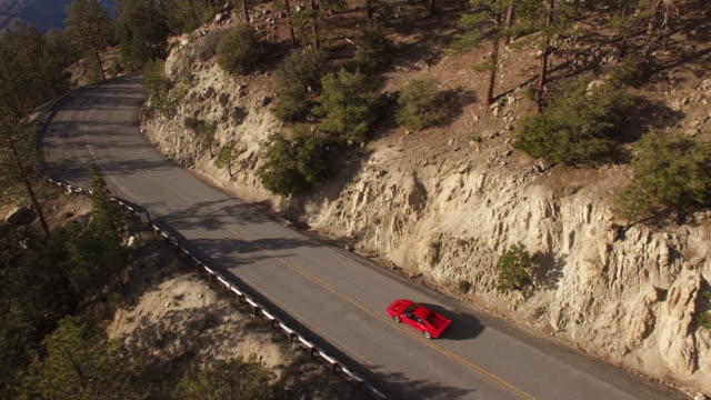 Aerial red sports car chase through forest