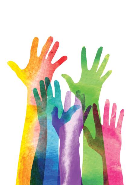 Hands raised Overlapping silhouettes of Hands in a watercolour texture. democracy illustrations stock illustrations