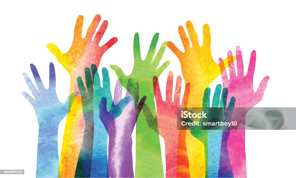 Hands raised Overlapping silhouettes of Hands in a watercolour texture. Multiracial Group stock vector