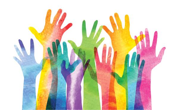 Hands raised Overlapping silhouettes of Hands in a watercolour texture. unity stock illustrations