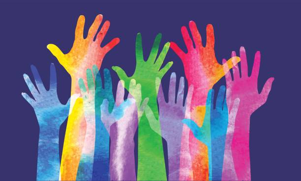 Hands raised Overlapping silhouettes of Hands in a watercolour texture. democracy stock illustrations