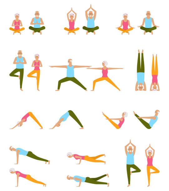 ilustrações, clipart, desenhos animados e ícones de idosos praticam yoga. conjunto de asanas. relaxar e meditar. estilo de vida saudável pension - stretching yoga men good posture