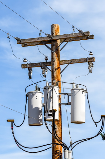 Wooden electricity pole with transformers