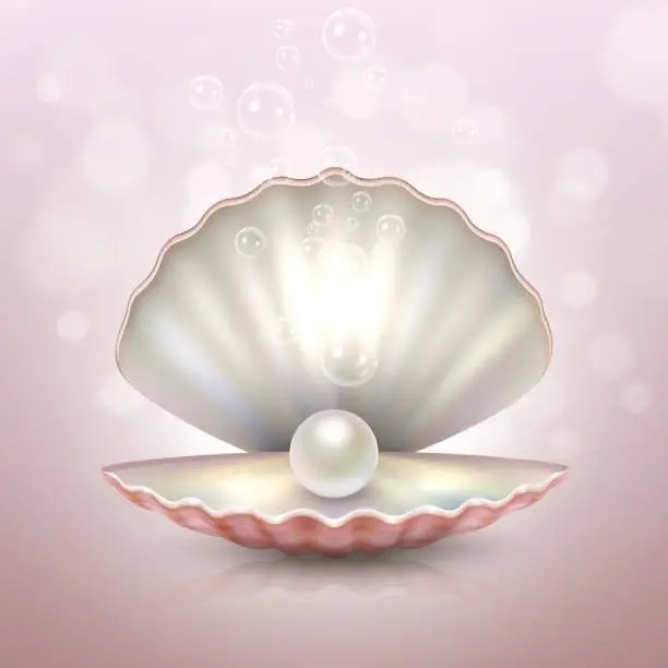 Vector illustration of Realistic beautiful natural open sea pearl shell with reflection closeup on a pink blur background. Design template, clipart, icon or mockup in EPS10. Stock vector