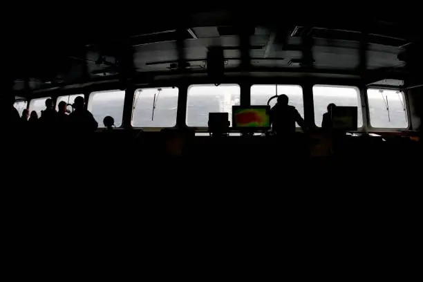 Fish-eye shot of wheelhouse of antarctic cruise ship, antarctic ocean, Antarctica