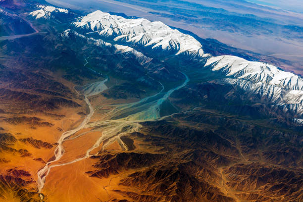 Aerial View of Tibet and Taklamakan Desert in China, Asia stock photo