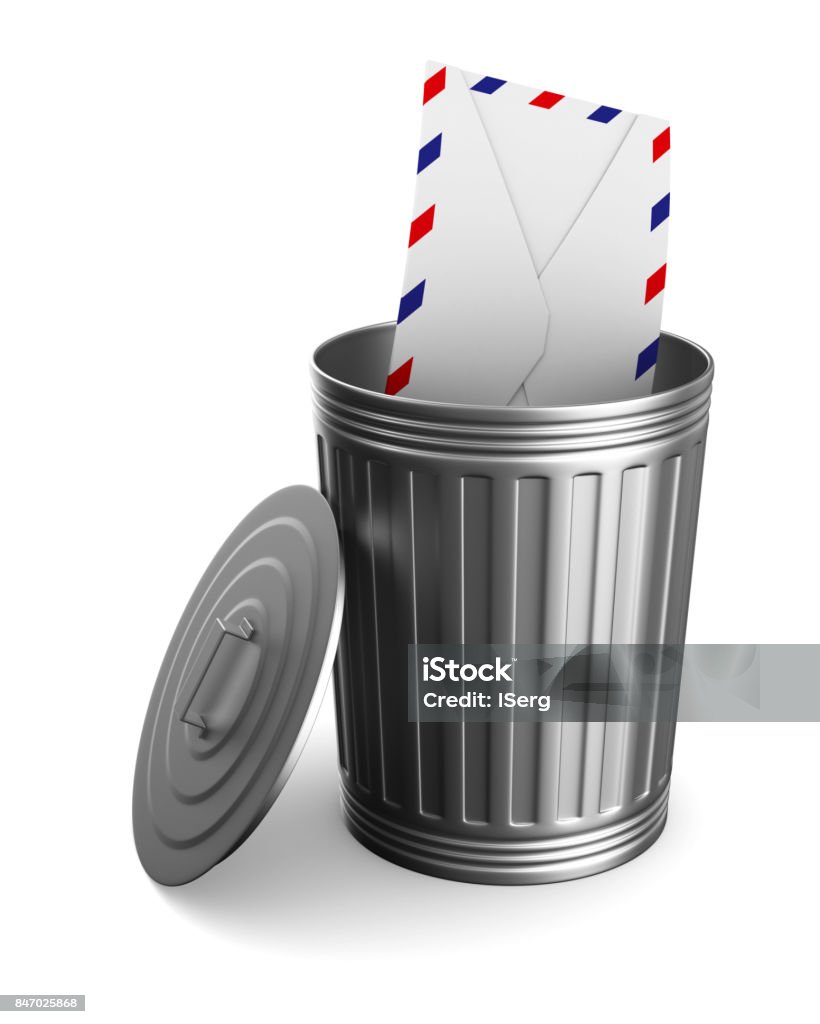 envelope in garbage basket on white background. Isolated 3D illustration Cleaning Stock Photo