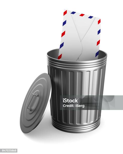 Envelope In Garbage Basket On White Background Isolated 3d Illustration Stock Photo - Download Image Now