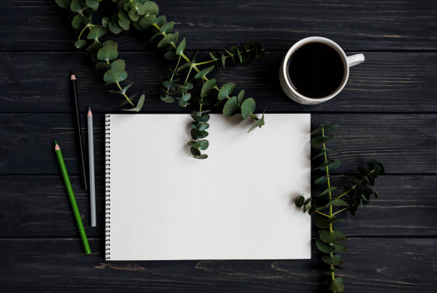 istock Sketchbook and pencils on black wooden table, decorated with green eucalyptus branches. Flat lay, top view 847032952