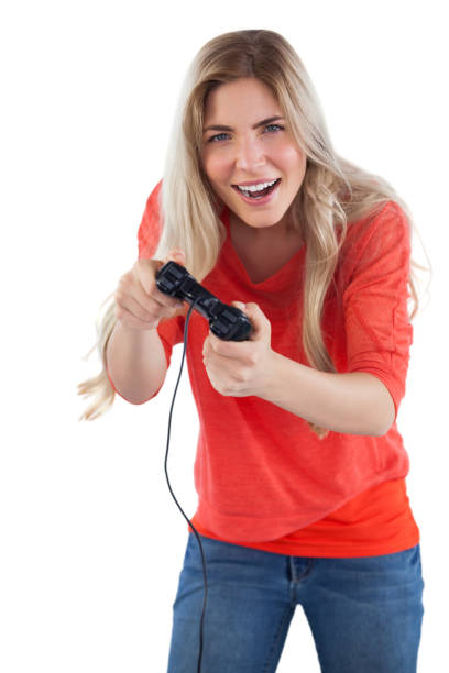 istock Cheerful woman holding video games joystick 847039444