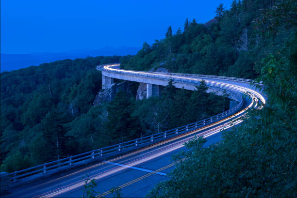 Traffic trails and blue hour over viaduct.