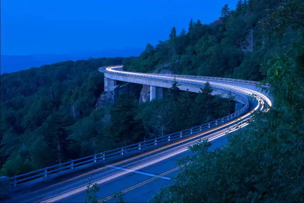 Morning traffic along the Blue Ridge Parkway's Lynn Cove Viaduct in North Carolina.