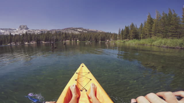 POV of a man kayaking in a calm lake