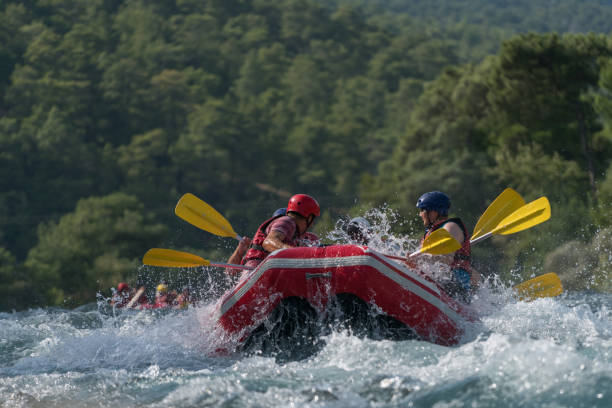 istock Group of people white water rafting 847054802