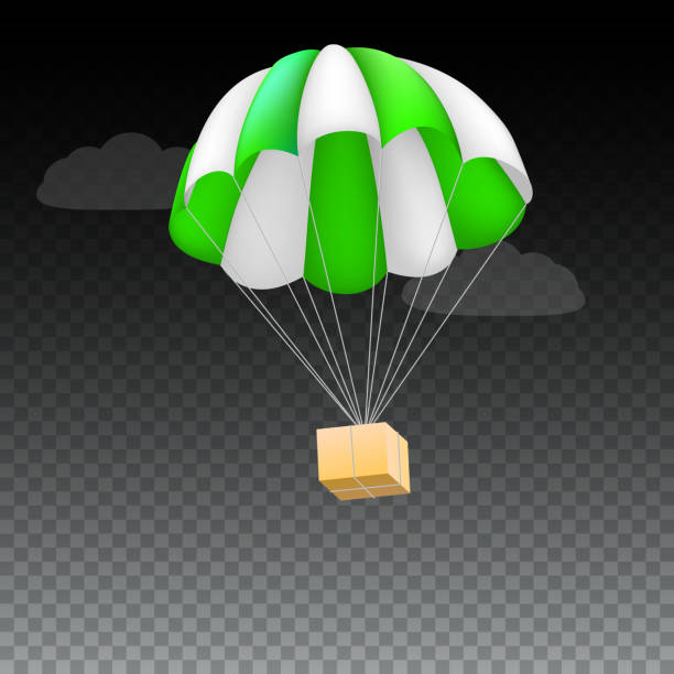 istock Icon of package flying on green parachute, isolated on transparent background. Air shipping, delivery service template, 3D illustration 847061344