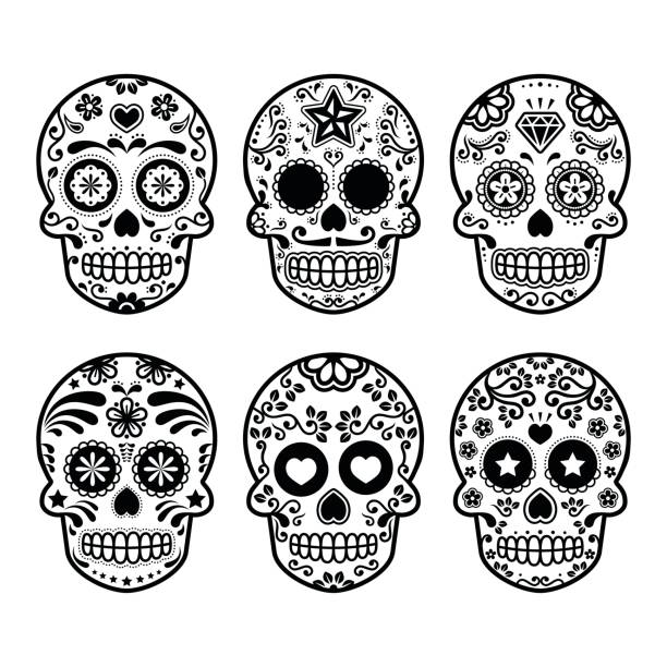 할로윈, 멕시코 설탕 두개골, 디 아 드 로스 안 돼-만화 아이콘 - sugar skull stock illustrations