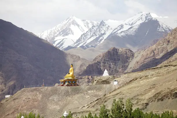 The 22 m high seated Gautama Buddha statue in the Stok village in Ladakh, India. It was consacreted by Dalai Lama on 8 August 2016