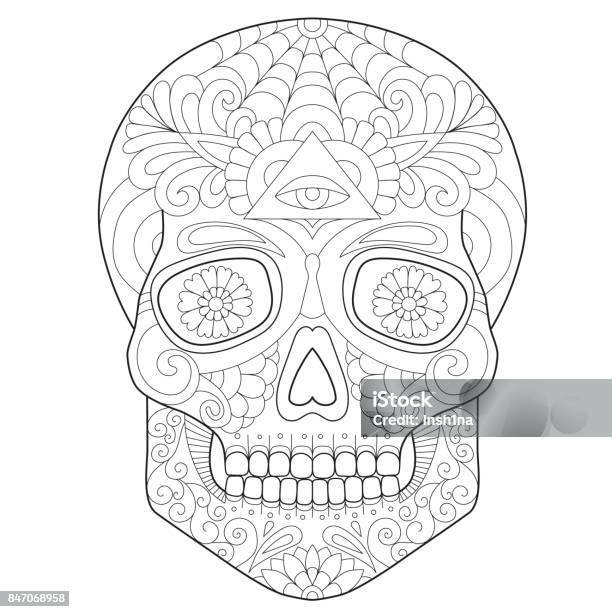 Beautiful Skull Coloring For Adults Stock Illustration - Download Image Now - Coloring, Skull, Abstract