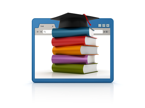 Web Browser with Books and Graduation Cap - White Background - 3D Rendering