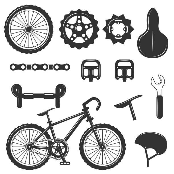 векторный набор велосипедных деталей изолированных иконок. черно-белые велосипедные символы и элементы дизайна - bicycle cycling bicycle pedal part of stock illustrations