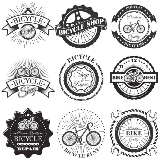 vektor-set fahrrad reparieren shop etiketten und design-elemente im vintage schwarz-weiß-stil. fahrrad - kettenwechsler stock-grafiken, -clipart, -cartoons und -symbole