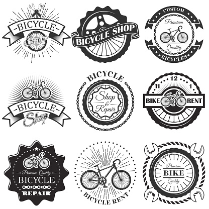 Vector set of bicycle repair shop labels and design elements in vintage black and white style. Bike , symbols, emblems.