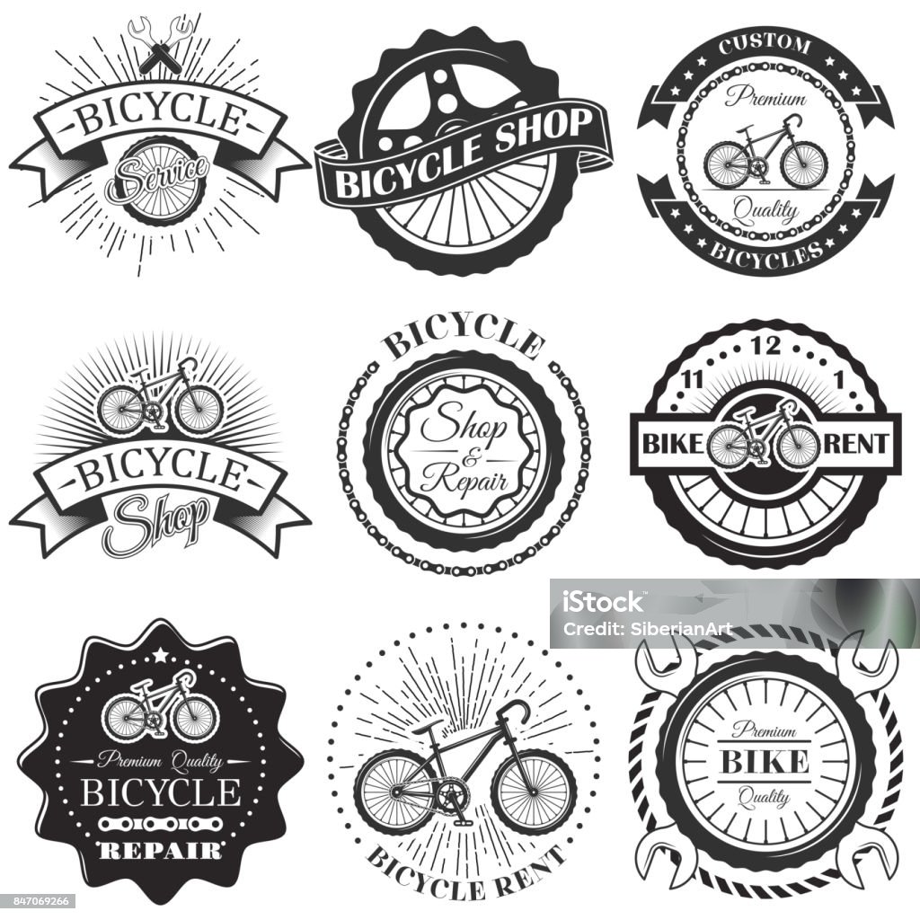 Vector set of bicycle repair shop labels and design elements in vintage black and white style. Bike Vector set of bicycle repair shop labels and design elements in vintage black and white style. Bike , symbols, emblems. Logo stock vector