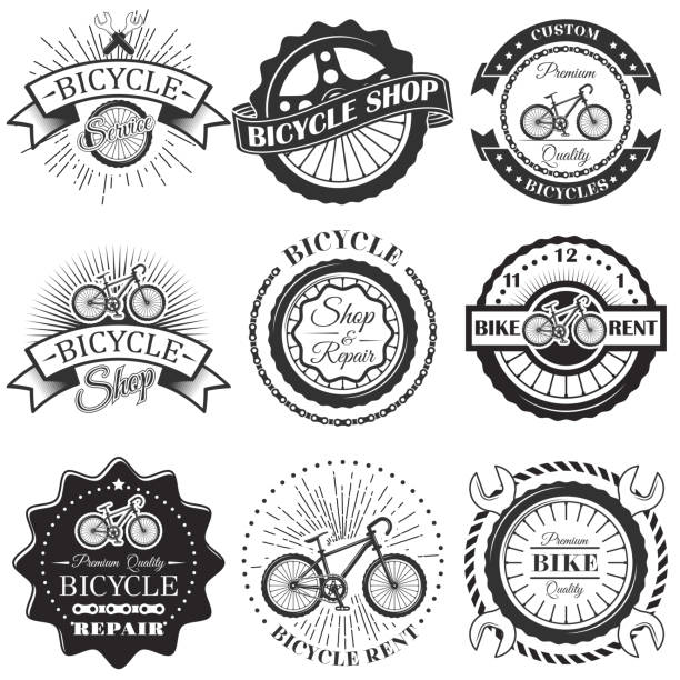 Vector set of bicycle repair shop labels and design elements in vintage black and white style. Bike Vector set of bicycle repair shop labels and design elements in vintage black and white style. Bike , symbols, emblems. bicycle gear stock illustrations