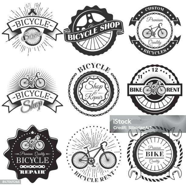 Vector Set Of Bicycle Repair Shop Labels And Design Elements In Vintage Black And White Style Bike Stock Illustration - Download Image Now