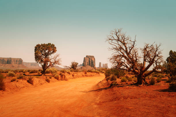 アリゾナ州の砂漠の気候をホットします。未舗装の道路と岩のモニュメント。モニュメント バレーの未舗装の道路 - usa dirt road rock sandstone ストックフォトと画像