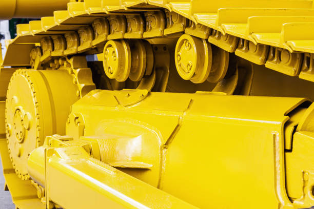 istock yellow tracks of the tractor or bulldozer 847079526