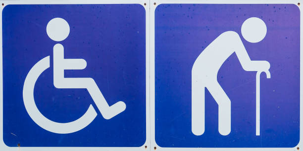 blue handicap symbol ,disabled sign and elder sign - physical impairment wheelchair disabled accessibility imagens e fotografias de stock