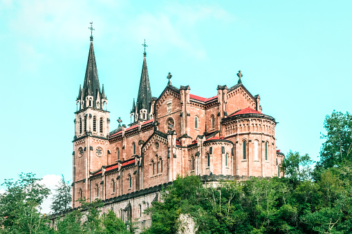 Basilica of Santa Maria la Real of Covadonga in Asturias, Spain. The Sanctuary is a monument  that commemorates the Battle of Covadonga, considered the beginning of the Spanish Reconquista