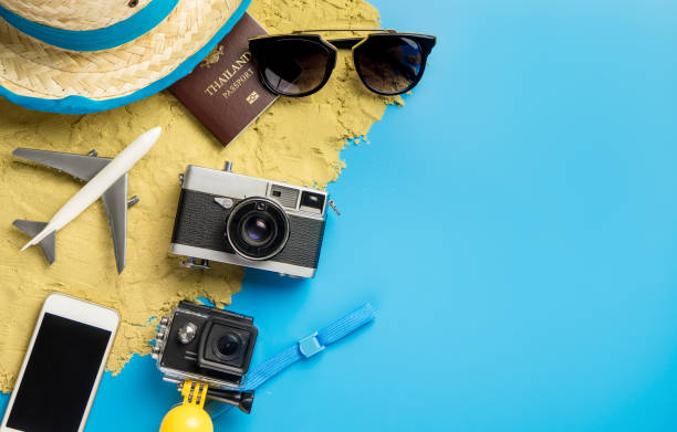istock Beach travel object and gadgets for Vacation Traveler with blue copy space 847085312