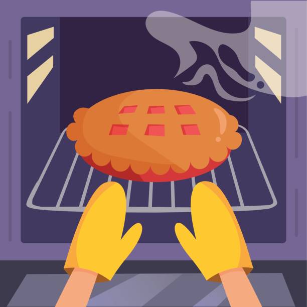 ilustraciones, imágenes clip art, dibujos animados e iconos de stock de pastel en el horno. hvector. dibujos animados - two objects appliance oven tray