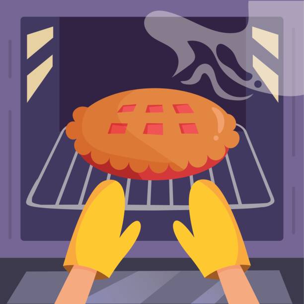 illustrazioni stock, clip art, cartoni animati e icone di tendenza di torta nel forno. hvector. cartoni animati - two objects appliance oven tray