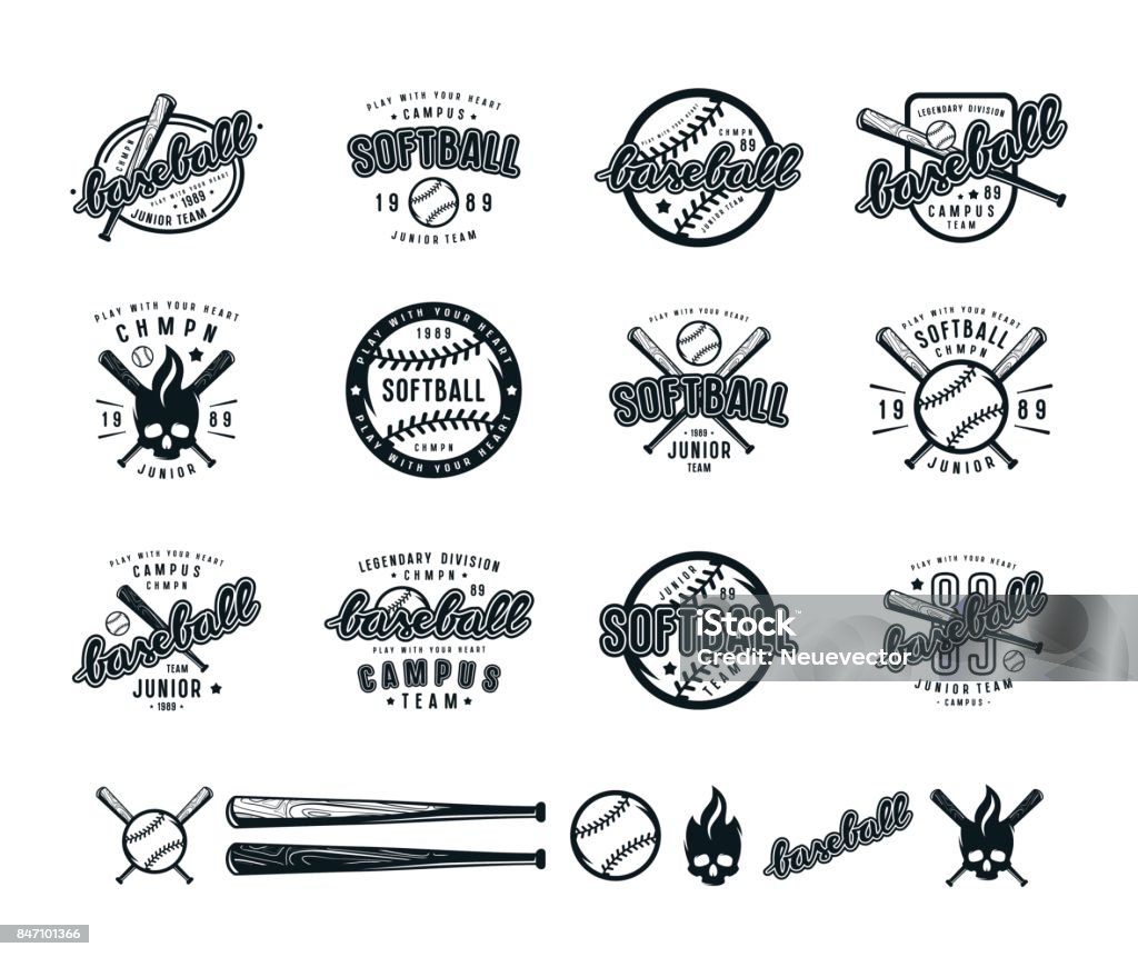 Set of baseball and softball badges Set of baseball and softball badges. Graphic design for t-shirt Softball - Sport stock vector